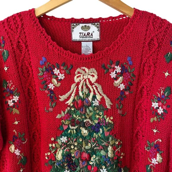 Tiara International Embellished Vintage Christmas Tree Red Sweater Size Large - Picture 4 of 7